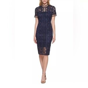 Eliza J Illusion Lace Dress Elegant Navy Lace Dress Size 4 EUC